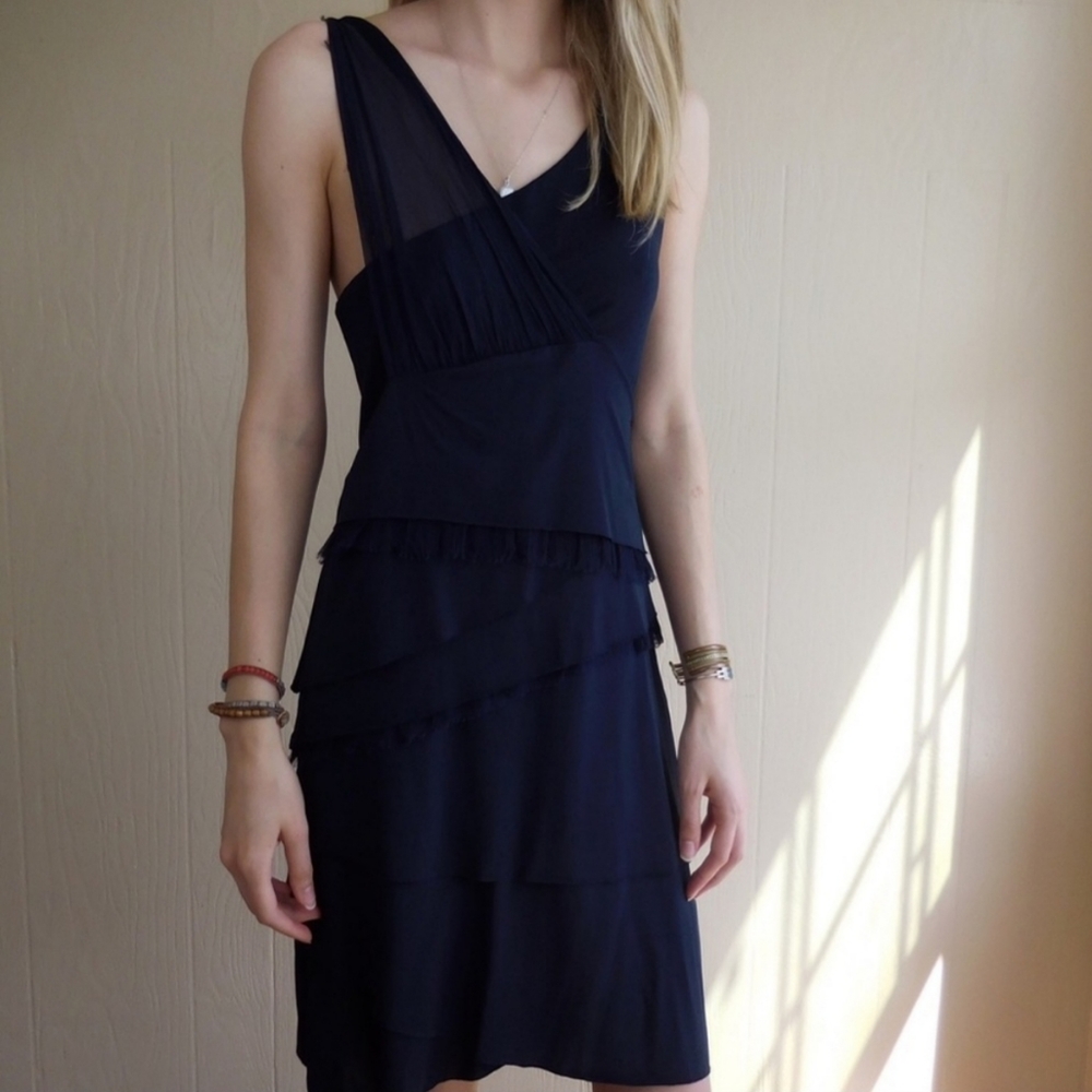 Alice + Olivia Navy Blue Tiered Silk Accent Shower Holiday New Year Party Dress
